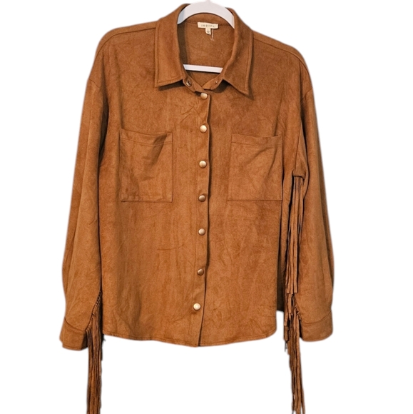 Jodifl Women's Brown Solid Fringed Faux Suede Button Down Size L - Picture 4 of 8